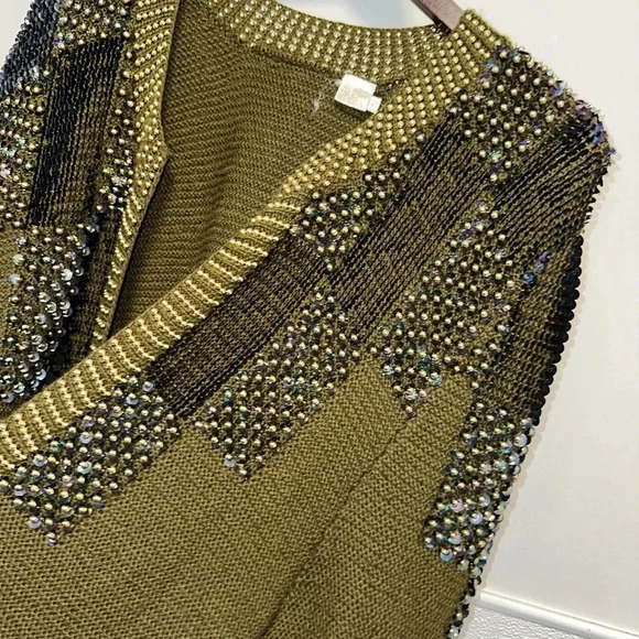 Women's Missing Tag Cardigan M Olive Green Gold Beaded Wool - Picture 10 of 16